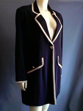 Exclusively Misook Navy Ivory Trim One Button Jacket L